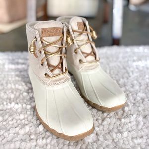 White Sperry Saltwater Metallic Rubber Boot